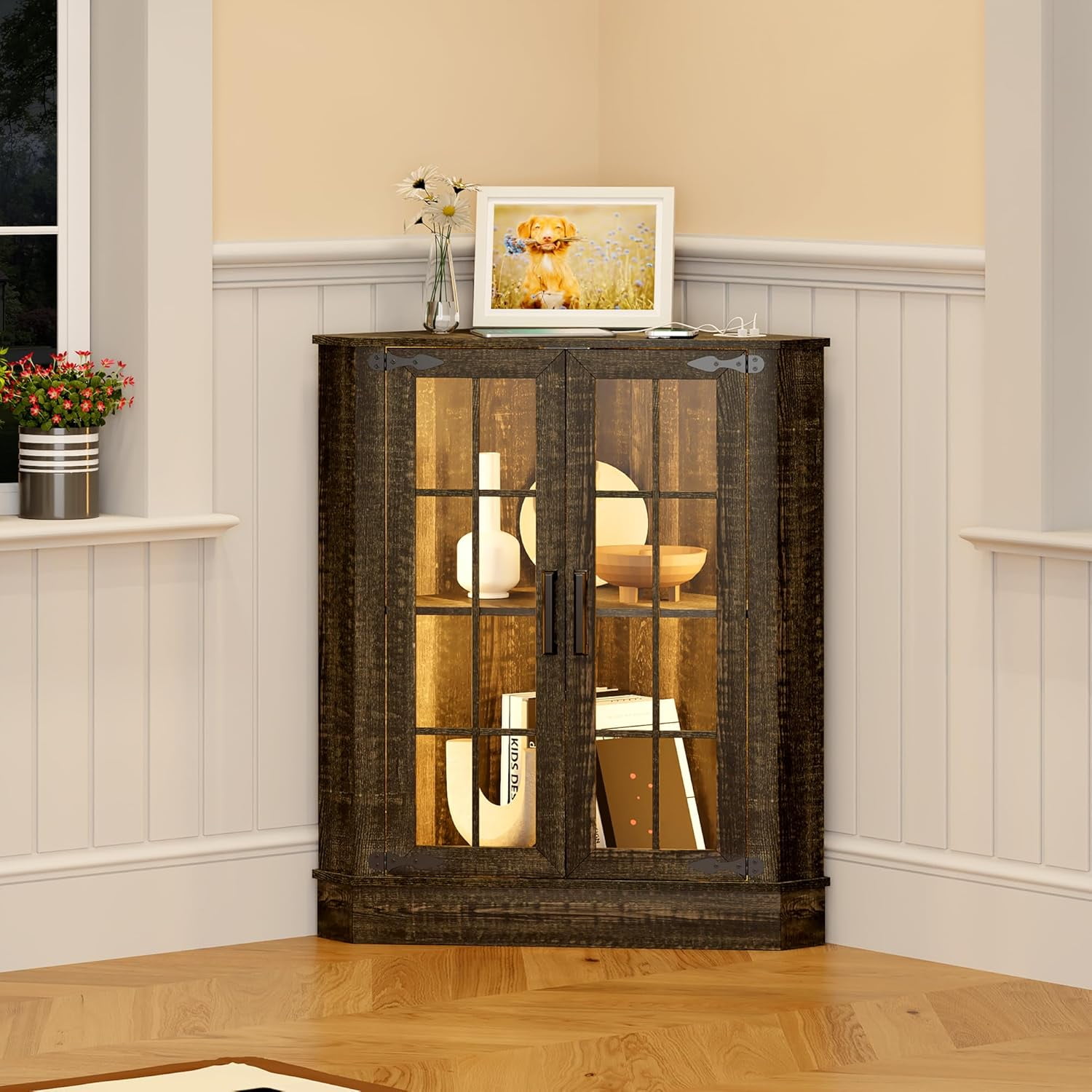 Farmhouse Corner Cabinet with LED Light, Small Bathroom Cabinet with 2 Doors, Free Standing Home ...