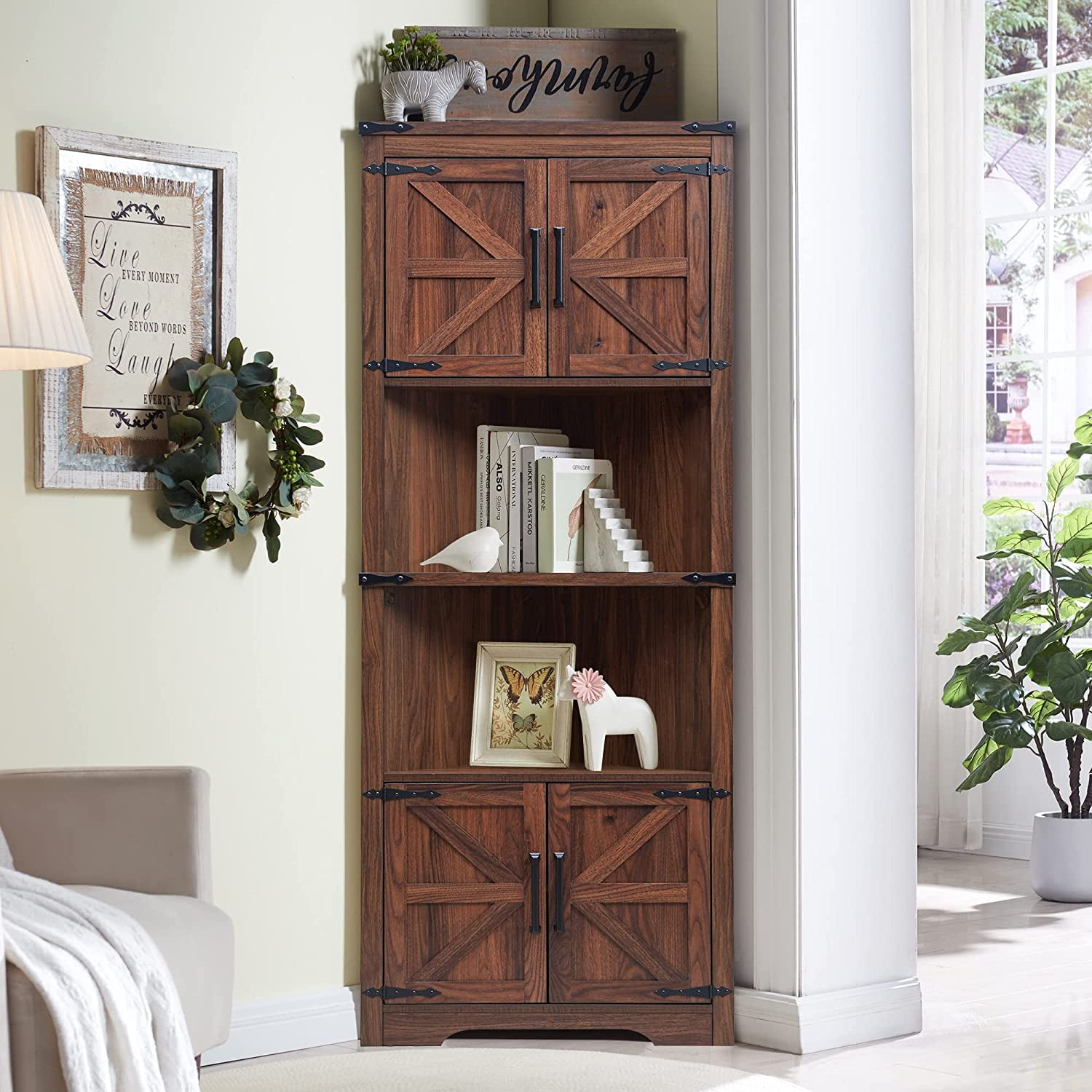 Farmhouse Corner Cabinet With Doors - 10-Cubby Storage Organizer With Adjustable Shelves