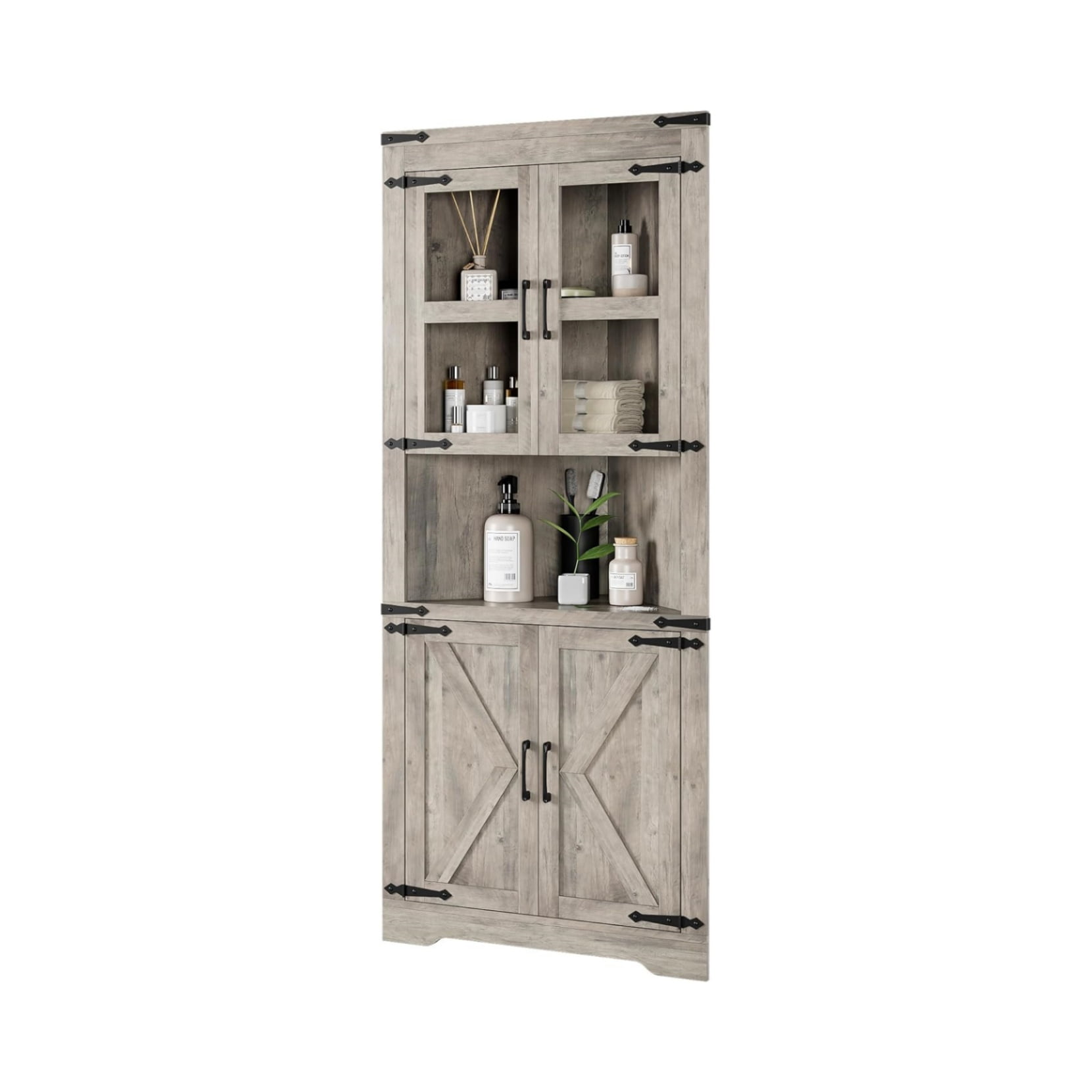 Farmhouse Corner Cabinet, Tall Corner Cabinet with Barn Door & Adjustable Shelves, Corner Storage Cabinet for Living Room, Kitchen, Bathroom