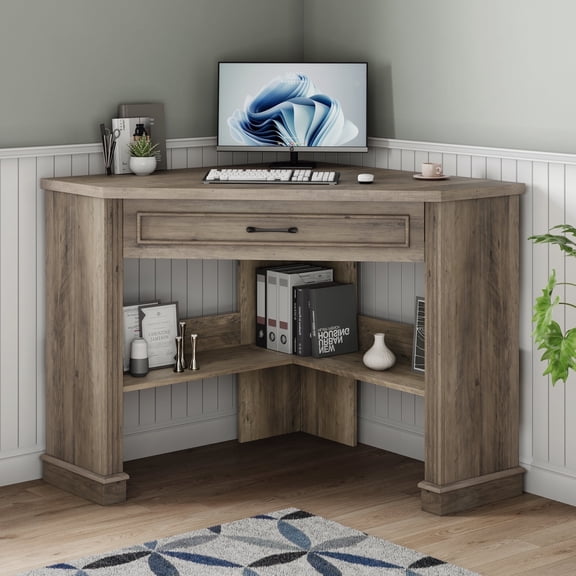 SEDETA Corner Desk for Small Space, 31.5 Inch Triangle Computer Desk with Drawer & Open Shelves for Home Office, Bedroom, Living Room, Small Farmhouse Corner Desk with Storage, Grey