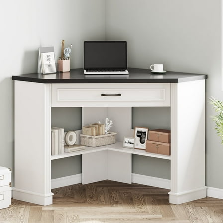 SEDETA Corner Desk for Small Space, 31.5 Inch Triangle Computer Desk with Drawer & Open Shelves for Home Office, Bedroom, Living Room, Small Farmhouse Corner Desk with Storage, White