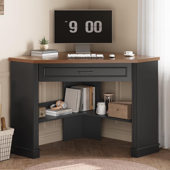 Farmhouse Corner Desk for Small Spaces, Small Computer Desk with Drawer ...