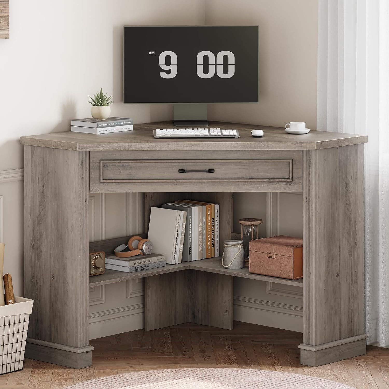 Farmhouse Corner Desk for Small Spaces, Small Computer Desk with Drawer ...