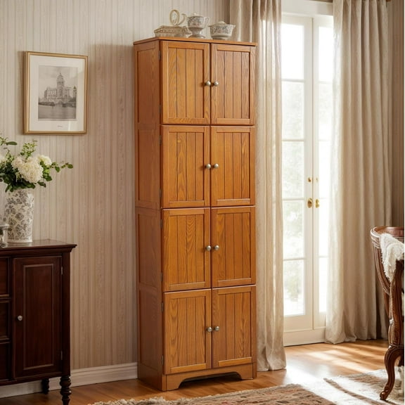 Farmhouse Corner Storage Cabinet with 8 Doors, 72" H Wooden Kitchen Pantry with 4 Shelves, 4-Tier Freestanding Bookshelf, Rack for Living Room (Oak - Square, 24" W x 12.4" D x 72" H)