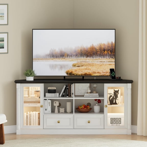 Farmhouse Corner TV Stand for 55 65 Inch TV, Modern Corner Entertainment Center with Power Outlet, Glass Doors , Wood Console Cabinet with Storage for Living Room, Bedroom