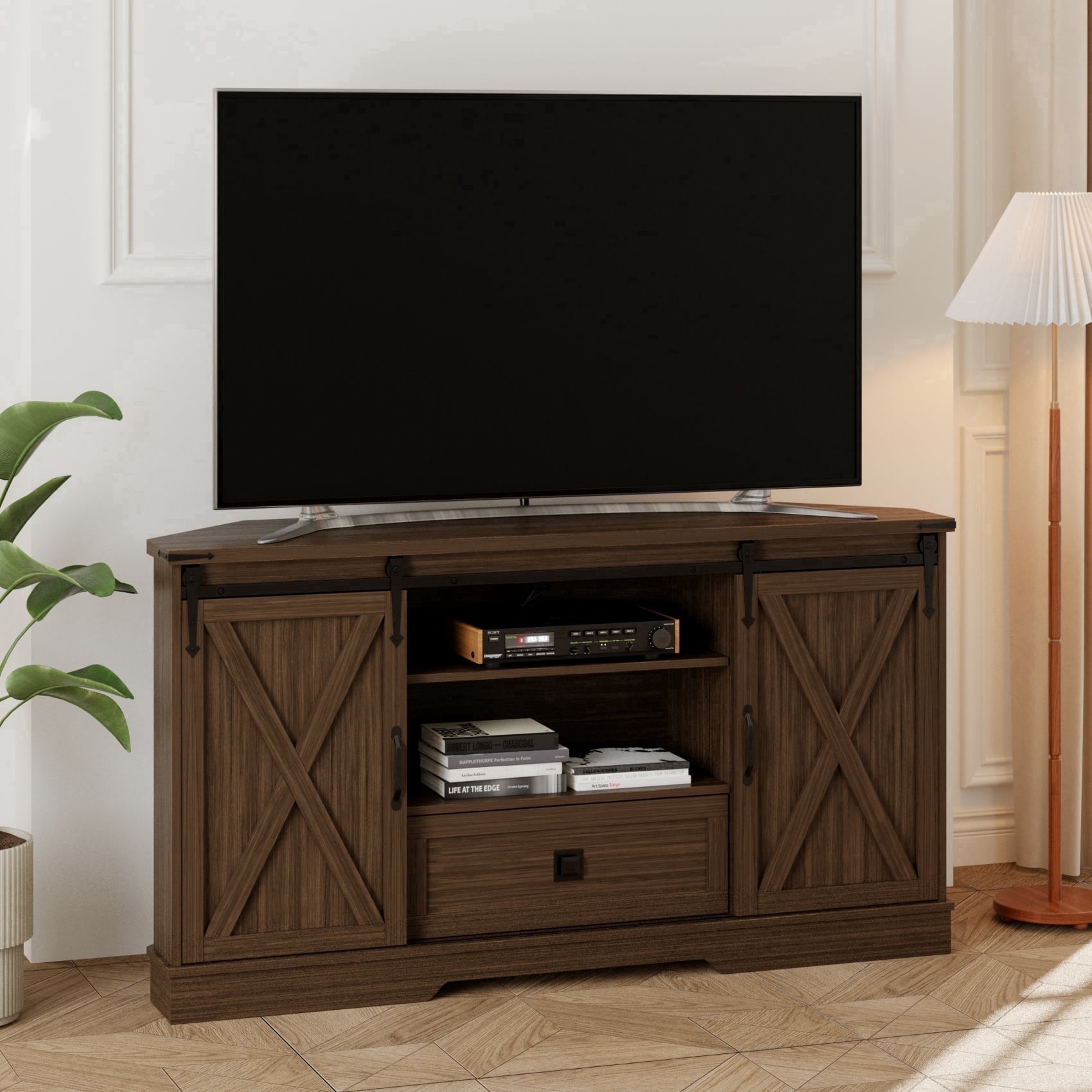 Farmhouse Corner TV Stand for 65" TV – Walnut Wood Entertainment Center with Sliding Barn Door & Storage Shelves – Media Console, 58"w x 15.7"d x 31"h