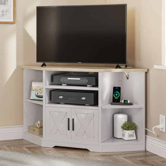Farmhouse Corner TV Stand for TVs up to 55 inch with Power Outlet, Wood Entertainment Center, TV Media Console with Storage, White