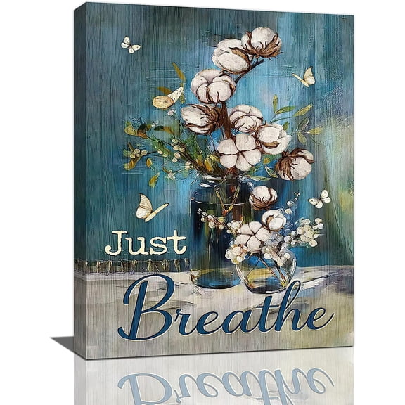 Farmhouse Cotton Bathroom Decor Wall Art Rustic Farm Butterfly Just Breathe Blue Pictures Wall Decor Canvas Painting Prints Artwork Home Decorations Framed for Bathroom Bedroom Kitchen 12"x16"