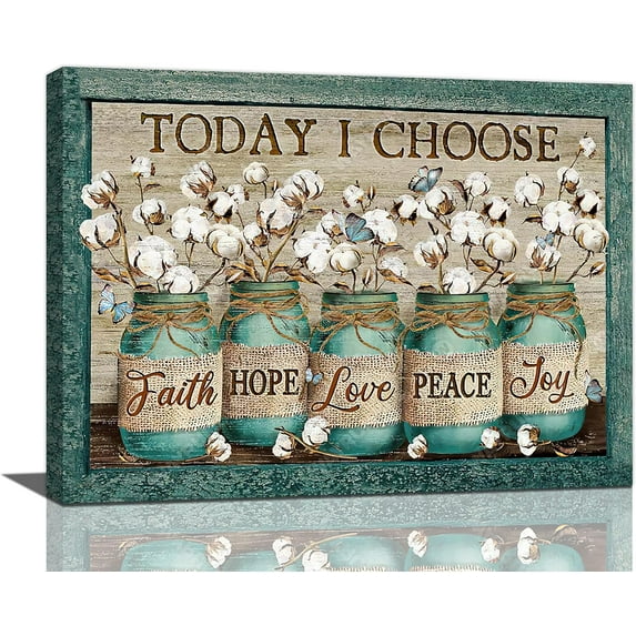 Farmhouse Cotton Bathroom Decor Wall Art Rustic Flower Today I Choose Butterfly Floral Pictures Wall Decor Canvas Painting Prints Artwork Home Decorations Framed for Bedroom Living Room 16"x12"