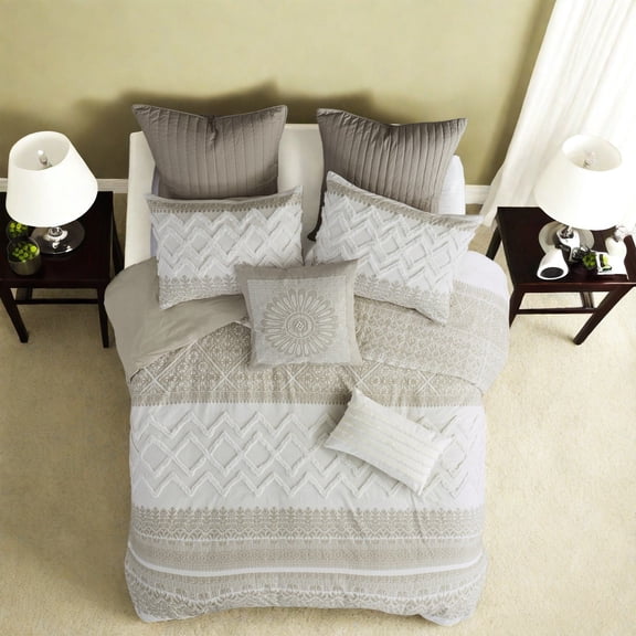Farmhouse Cotton Bedding Set King/Cal King Size Chenille Tufted Chevron Design