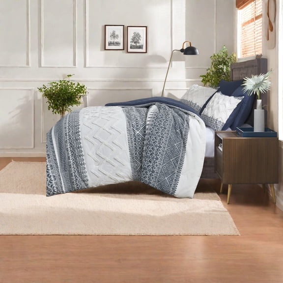 Farmhouse Cotton Bedding Sets 3Piece Navy Tufted Chevron Comforter Full/Queen