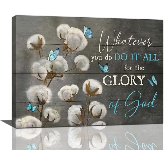 Farmhouse Cotton Decor Wall Art Rustic Cotton Butterfly Floral Motivational Cotton Canvas Painting Framed Artwork for Bathroom Living Room Bedroom 16''''x12''''