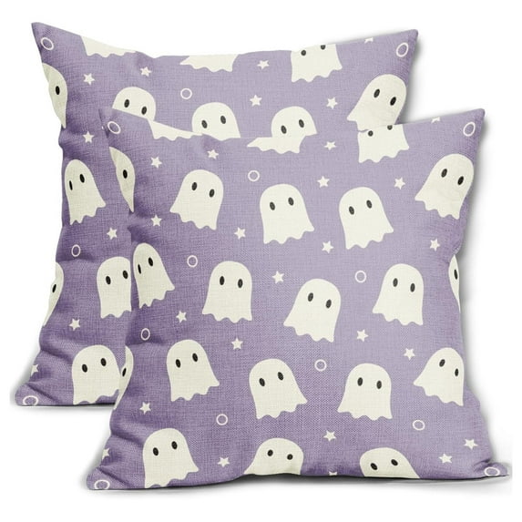 Farmhouse Cotton Linen Pillowcases - Cute Ghost 18x18 Inch Purple And White Spooky Throw Pillow Covers Set of 2 For Home And Outdoor Decor