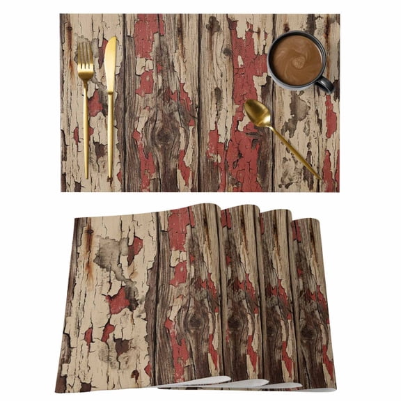Farmhouse Cotton Linen Placemats Set of 8, Country Rustic Shabby Chic Retro Wooden Texture Washable Table Place Mats Heat Insulating Placemat for Dining Room Kitchen Daily Use 13 x 19 Inch