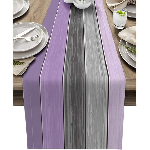 Farmhouse Cotton Linen Table Runner Dresser Scarf Extra Long 120 inches- Retro Rustic Barn Wood Texture Ombre Lavender Purple Gray Non-Slip Rectangle Settings Decor for Kitchen Home Dining Holiday