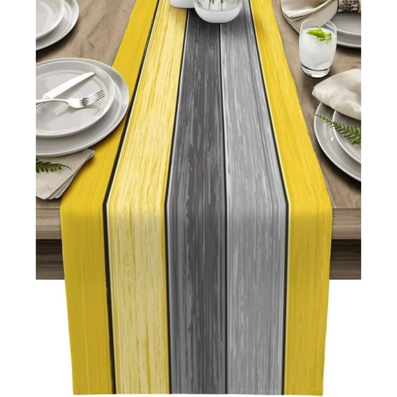 Farmhouse Cotton Linen Table Runner Dresser Scarf Extra Long 120 inches- Retro Rustic Barn Wood Texture Ombre Lemon Yellow and Gray Non-Slip Rectangle Settings Decor for Kitchen Home Dining Holiday
