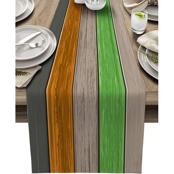 Farmhouse Cotton Linen Table Runner Urbane Bronze Retro Rustic Barn Wood Texture Ombre Brown Orange Green Non-Slip Rectangle Settings Decor for Kitchen Home Dining Holiday,72 inches Long