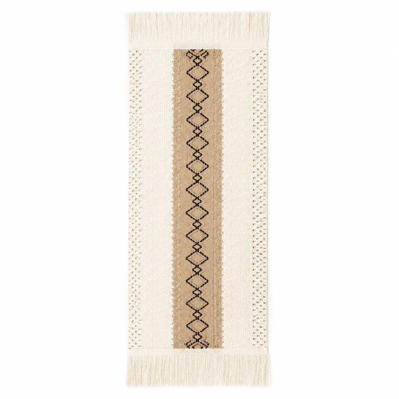 Farmhouse Cotton Linen Table Runner, Woven Stripe Tassel Table Decor, Rustic Nordic Style for Dining Table Buffet, 30x180cm, Cream & Natural, Machine Washable