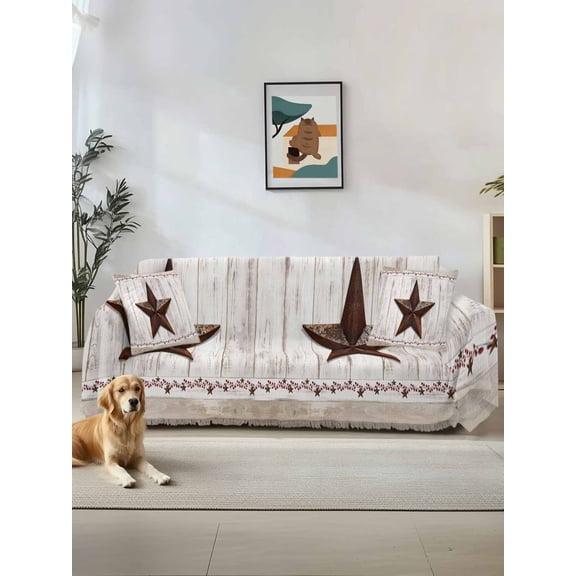 Farmhouse Couch Cover, Rustic Brown Country Star Barn Berry Wooden Sofa Cover Blanket for Loveseat Couches, Sectional Sofa Slipcover Furniture Protector for Living Room Bedroom 71''x118''