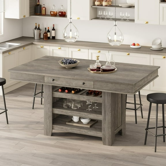 Farmhouse Counter Height Dining Table with Wine Rack, Wood Kitchen Dining Table with 2 Drawer & Shelves for Kitchen, Bar