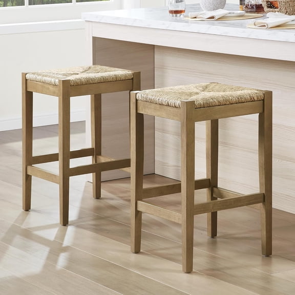 Farmhouse Counter Stools Set of 2, Backless Bar Stools with Handwoven Natural Rattan Seat, Solid Wood Counter Height Stools for Home Kitchen