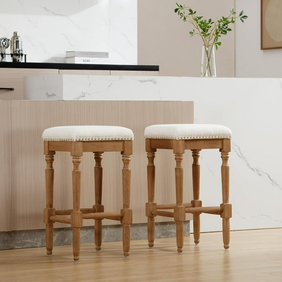 Hanyu Counter Stools Without backrest Set of 2 Upholstered Counter Height Bar Stools with Wood Legs County Rustic Backless Stools for Kitchen Counter Island, Biege-Light Walnut Legs