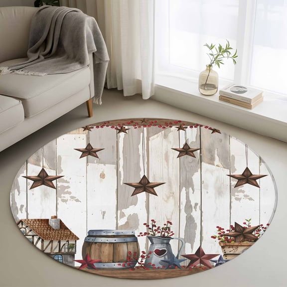 Farmhouse Country 3FT Round Area Rugs for Living Room Star Barn Barrel Plant Retro Wood Grain Ultra-Thin Non-Slip Round Rugs Machine Washable Low Pile Circle Carpet for Bedroom Kitchen Nursery