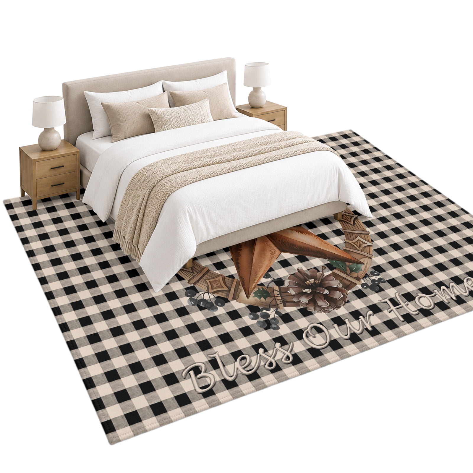 Farmhouse Country Area Rug 5'x7', Star Bless This Home Black Buffalo ...