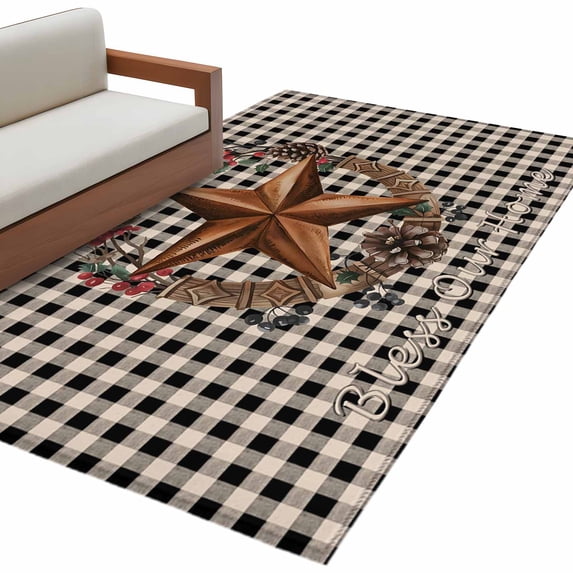 Farmhouse Country Area Rug 2.7x5ft Star Bless This Home Black Buffalo Plaid Non-Slip Washable Square Rugs Soft Felt Indoor Floor Mat for Bedroom Kitchen Living Room Bathroom