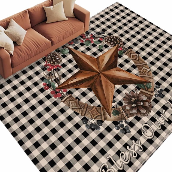 Farmhouse Country Area Rug 5x8ft Star Bless This Home Black Buffalo Plaid Non-Slip Washable Square Rugs Soft Felt Indoor Floor Mat for Bedroom Kitchen Living Room Bathroom