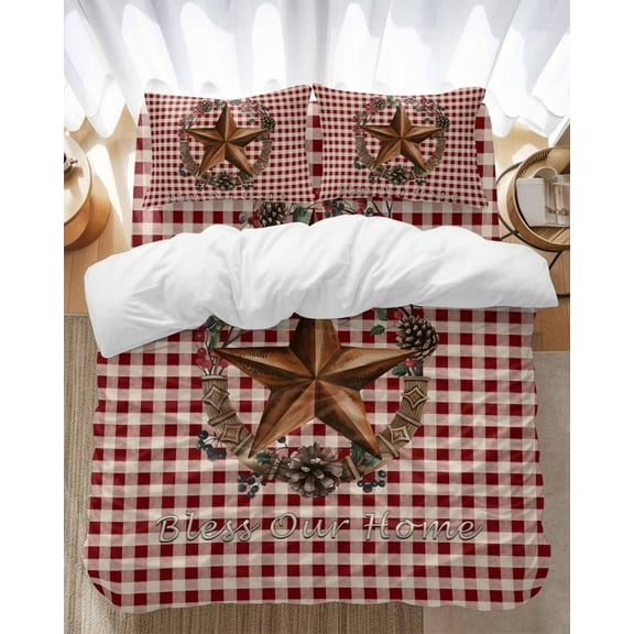 Farmhouse Country Bedding Duvet Cover Set Twin Size 4 Pieces Star Bless This Home Red Buffalo Plaid Bedding Set with Zipper Closure, 1 Comforter Cover 68x86 Inches 1 Flat Sheet & 2 Pillow Cases