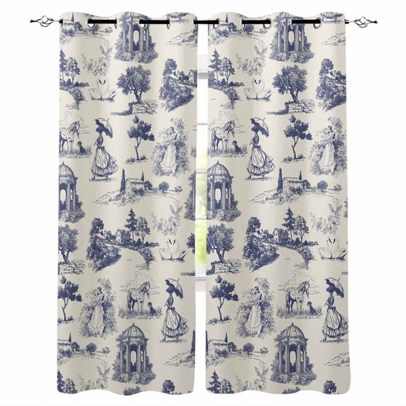 Farmhouse Country Blackout Curtains for Bedroom/Living Room, Thermal Insulated Kitchen Curtains, Vintage Blue French Garden Horse Swan Grommet Darkening Window Treatment Drapes 52"x63"x2