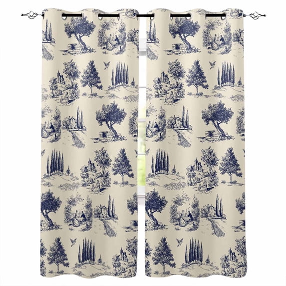 Farmhouse Country Blackout Curtains for Bedroom/Living Room, Thermal Insulated Kitchen Curtains, Vintage Trees Rustic French Garden Birds Grommet Darkening Window Treatment Drapes 52"x72"x2