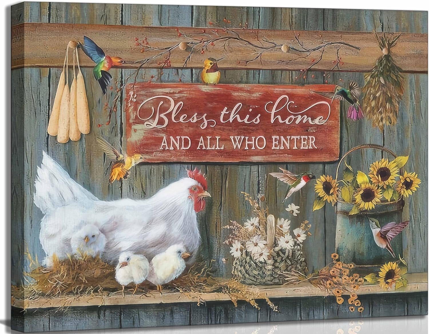 Farmhouse Country Chicken Canvas Wall Art Rustic Farm Hen Hatching Chicks Barn Animal Painting Picture Wall Decor Inspirational Quotes Flower Poster Prints for Kitchen Dining Room Decoration