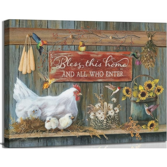Farmhouse Country Chicken Canvas Wall Art Rustic Farm Hen Hatching Chicks Barn Animal Painting Picture Wall Decor Inspirational Quotes Flower Poster Prints for Kitchen Dining Room Decoration