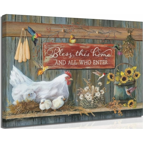 Farmhouse Country Chicken Canvas Wall Art Rustic Farm Hen Hatching Chicks Barn Animal Painting Picture Wall Decor Inspirational Quotes Flower Poster Prints for Kitchen Dining Room Decoration