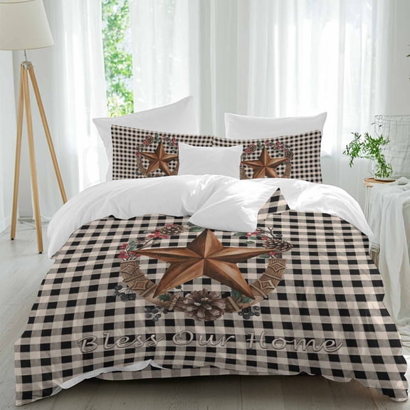 Farmhouse Country Duvet Cover Set Twin Size, Star Bless This Home Black Buffalo Plaid 4 Piece Soft Microfiber Bedding Set with 1 Duvet Cover, 1 Flat Sheet, 2 Pillowcases