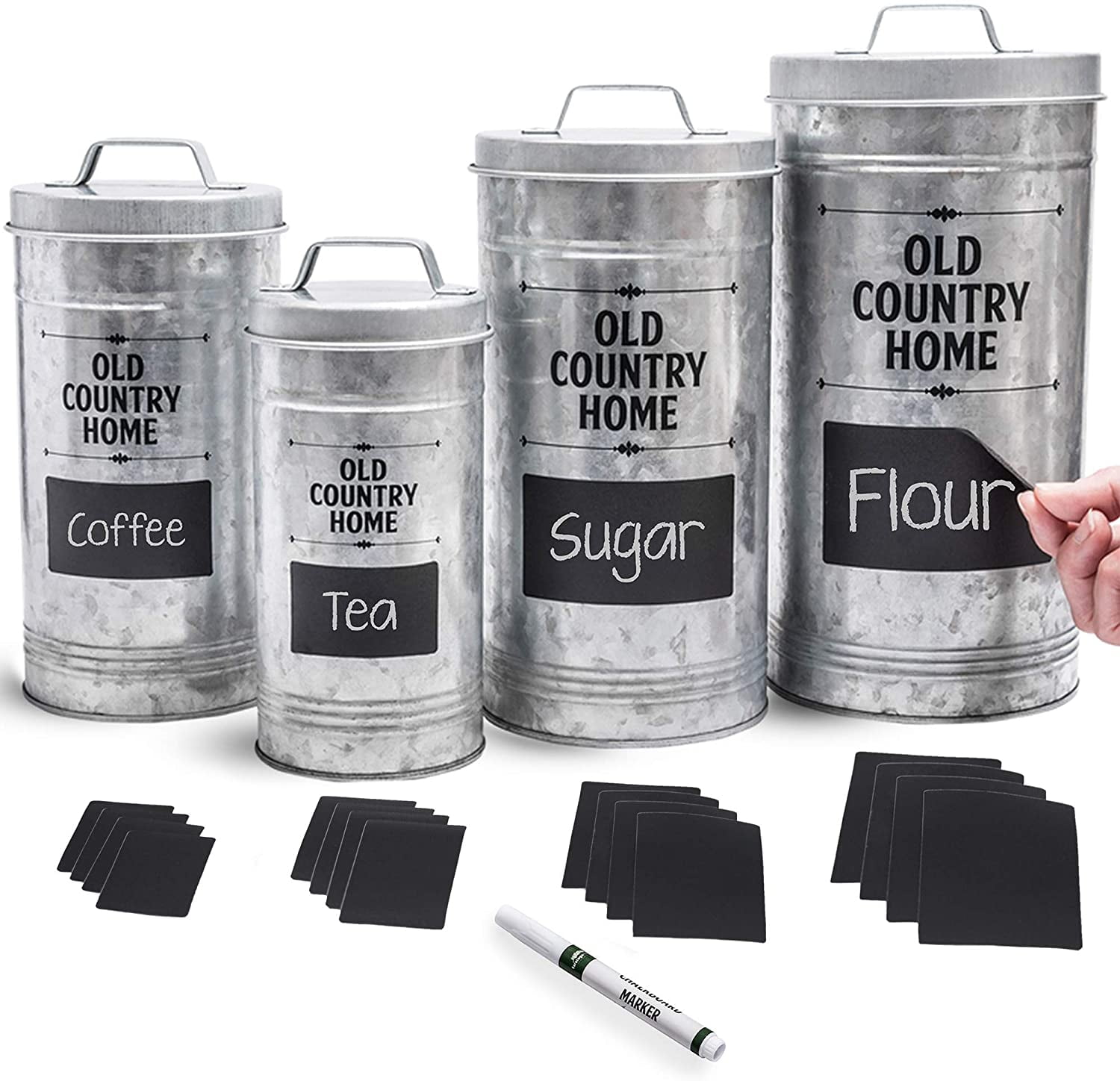 Farmhouse Silver Metal Canister Set with Chalkboard Labels