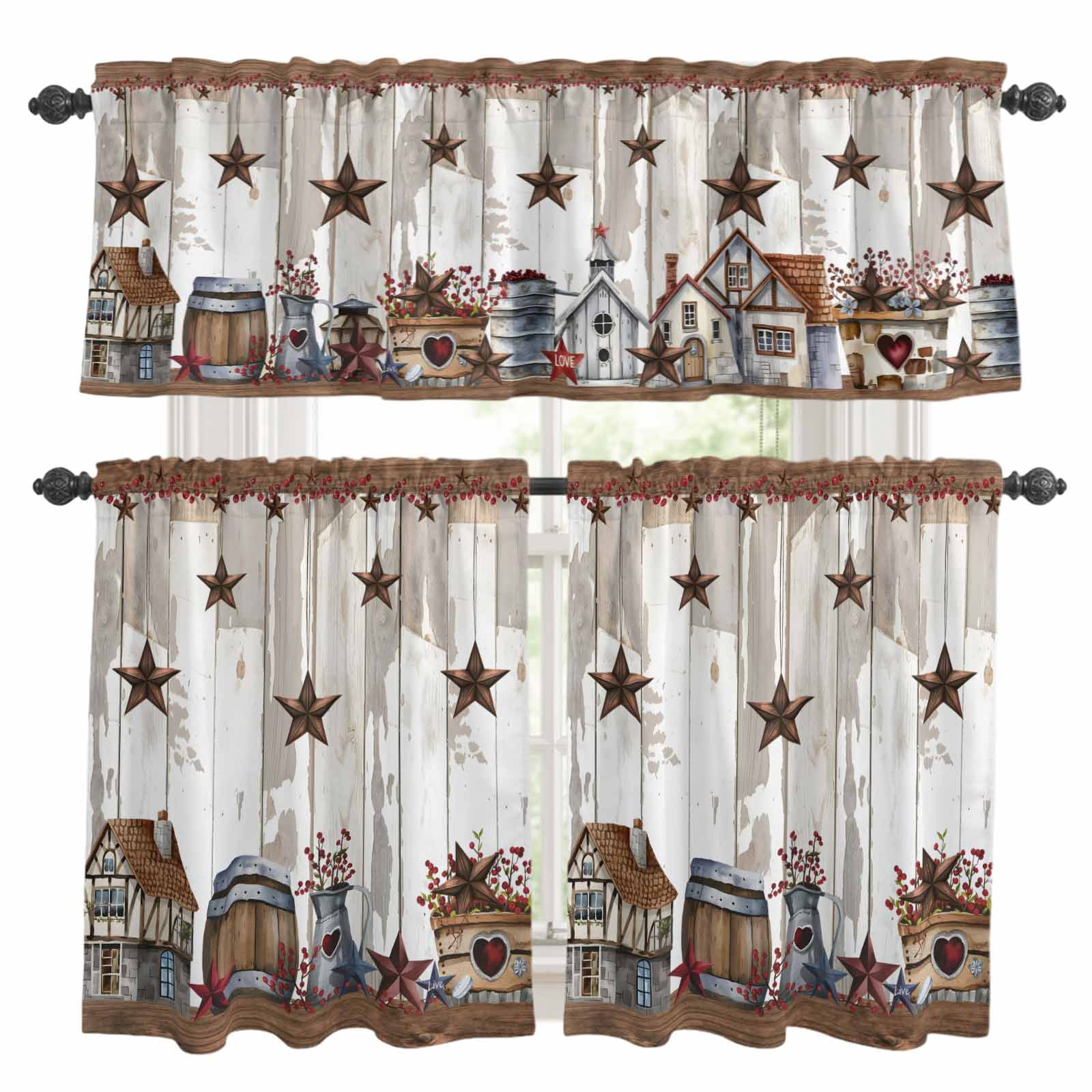 Farmhouse Country Kitchen Curtains Valances and Tiers Set of 3 Star