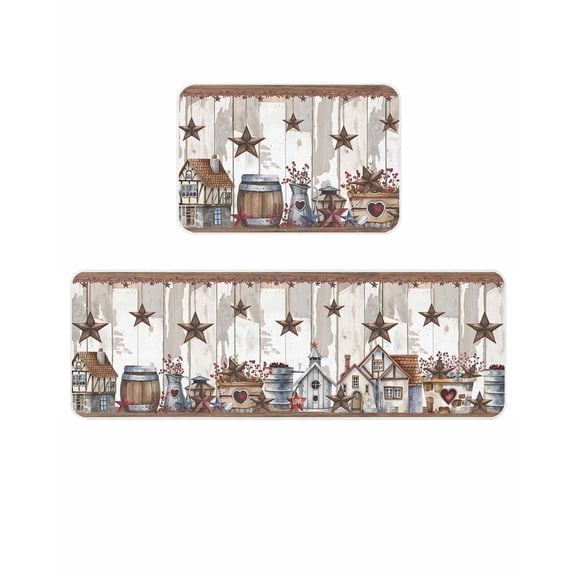 Farmhouse Country Kitchen Mats for Floor 2 Piece, Star Barn Barrel Plant Retro Wood Grain Absorbent Non-Slip Kitchen Rugs Comfort Standing Mat for Laundry, Hallways 20"x24"+20"x48"