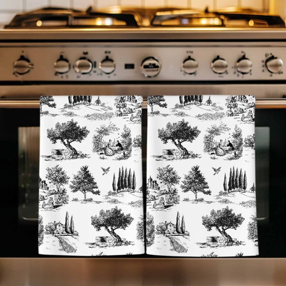 Farmhouse Country Kitchen Towels Set of 1, Black Vintage Trees Rustic French Garden Absorbent Dish Towels for Kitchen, Microfiber Hand Towel, Quick Drying Tea Towel for Cleaning Decorative Dishcloths