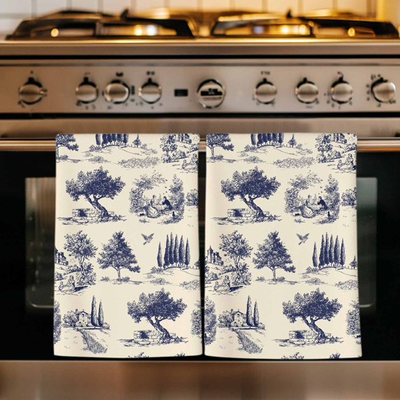 Farmhouse Country Kitchen Towels Set of 2, Vintage Trees Rustic French Garden Birds Absorbent Dish Towels for Kitchen, Microfiber Hand Towel, Quick Drying Tea Towel for Cleaning Decorative Dishcloths