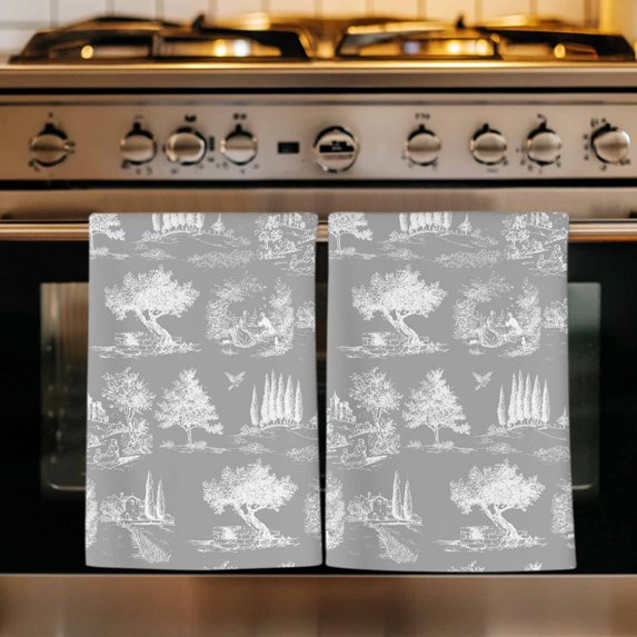 Farmhouse Country Kitchen Towels Set of 4, Grey Vintage Trees Rustic French Garden Absorbent Dish Towels for Kitchen, Microfiber Hand Towel, Quick Drying Tea Towel for Cleaning Decorative Dishcloths