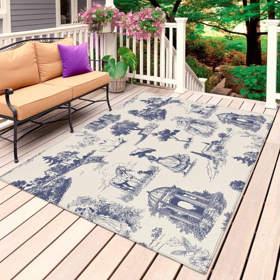 Farmhouse Country Outdoor Rug 3x5 Ft, Non Slip Washable Area Rug, Vintage Blue French Garden Horse Swan Patio Rugs Carpet Runner, Large Floor Mat for Indoor/Outdoor Deck Porch Camping