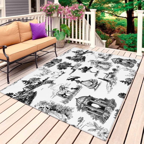 Farmhouse Country Outdoor Rug 4x6 Ft, Non Slip Washable Area Rug, Retro French Garden Horse Swan Patio Rugs Carpet Runner, Large Floor Mat for Indoor/Outdoor Deck Porch Camping