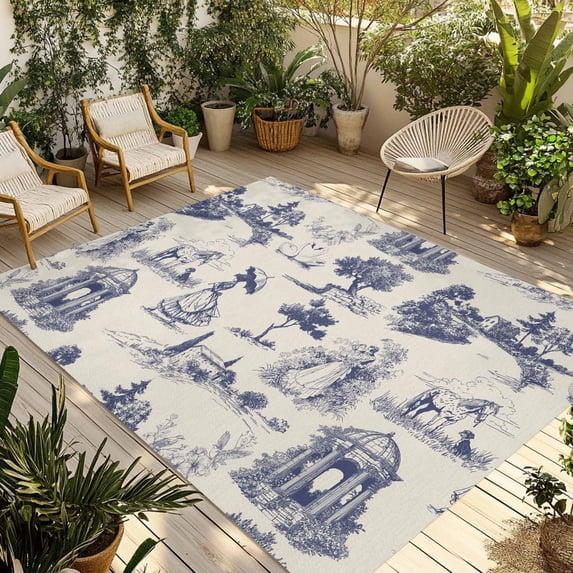 Farmhouse Country Outdoor Rug for Patio/Deck/Porch, Non-Slip Large Area Rug 4 x 6 Ft, Vintage Blue French Garden Horse Swan Indoor Outdoor Rugs Washable Area Rugs, Camping Rug Carpet Runner