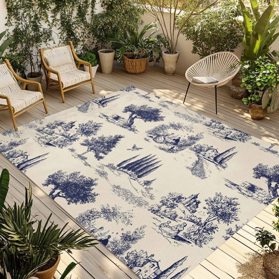 Farmhouse Country Outdoor Rug for Patio/Deck/Porch, Non-Slip Large Area Rug 5 x 7 Ft, Vintage Trees Rustic French Garden Birds Indoor Outdoor Rugs Washable Area Rugs, Camping Rug Carpet Runner