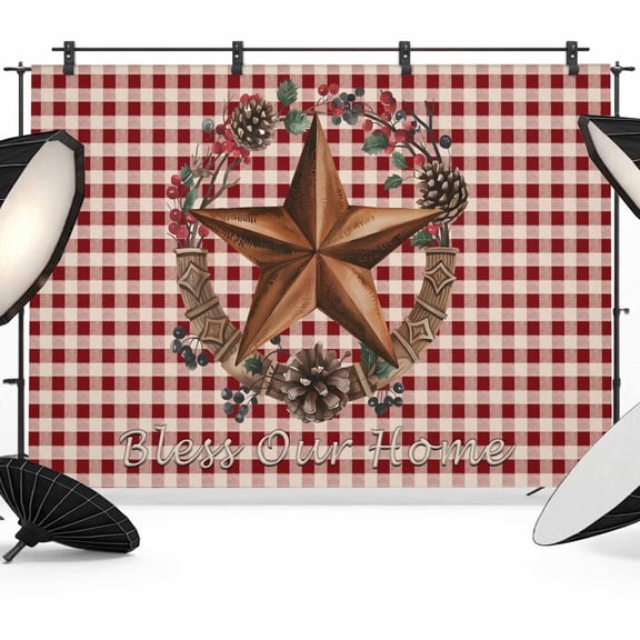 Farmhouse Country Photography Backdrop 7x5FT, Star Bless This Home Red Buffalo Plaid Photo Backdrops, Background for Photography Studio Photo Studio Background, Back Drop for Photoshoot