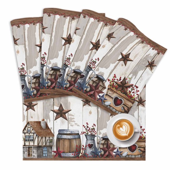 Farmhouse Country Placemats Set of 1 Star Barn Barrel Plant Retro Wood Grain Place Mats Washable Table Mats for Party Kitchen Dining Decoration, 13 X 19 Inch