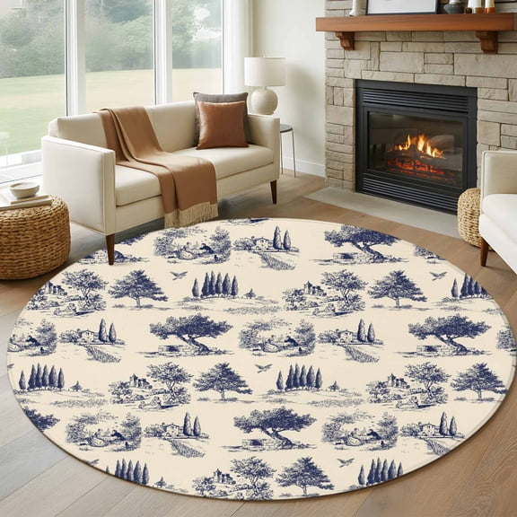 Farmhouse Country Round Area Rug 6Ft Washable Circle Rugs for Bathroom Office, Vintage Trees Rustic French Garden Birds Non-Slip Carpet Floor Mats Indoor Outdoor Carpet Runner Aesthetic Home Decor